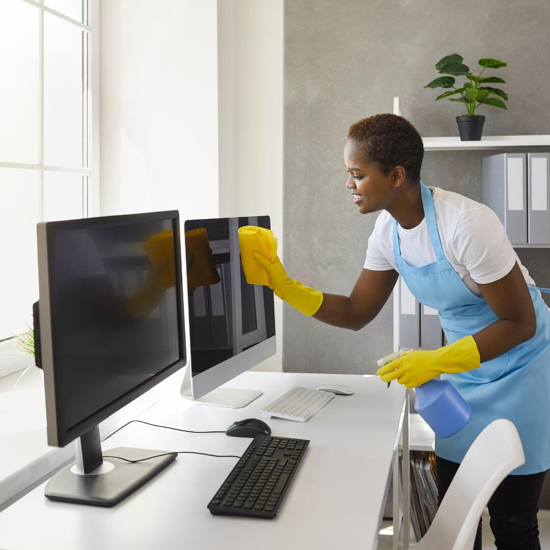 Commercial cleaning services: a woman of colour wiping computer screens from dust with a smile on her face while preparing the office for a new day at work