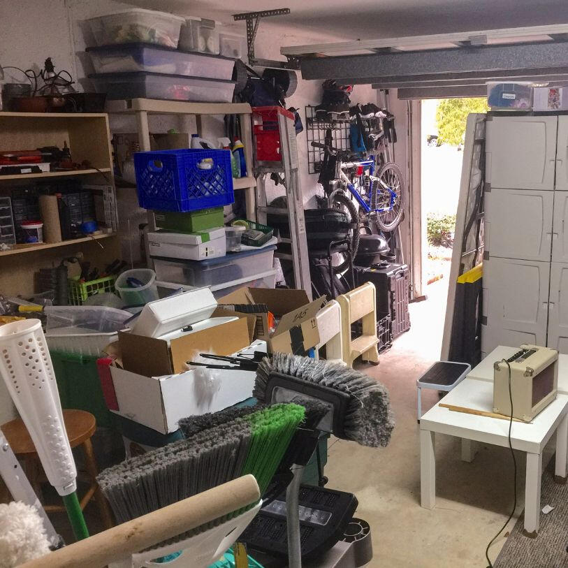 a messy and dusty garage